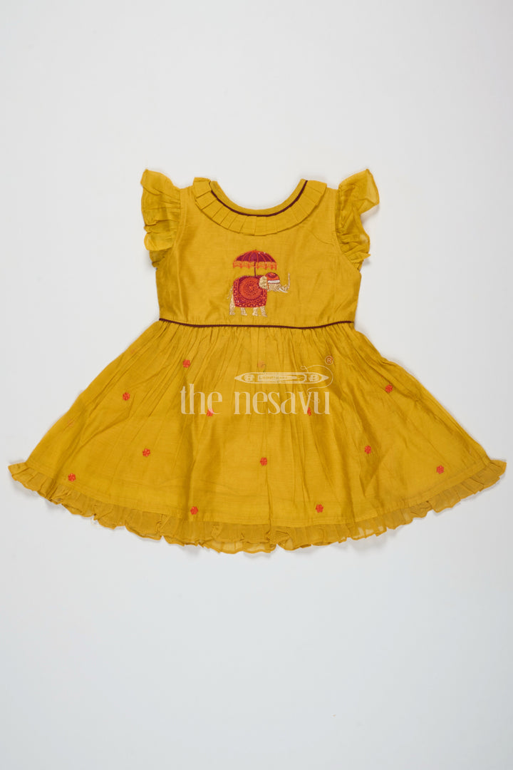 The Nesavu Girls Cotton Frock Mustard Chanderi Cotton Frock for Girls with Elephant Embroidery – Festive Dress for Traditional Events Nesavu 12 (3M) / Mustard GFC1442A-12 Mustard Chanderi Cotton Frock Elephant Embroidery Girls Ideal Festive Wear Nesavu