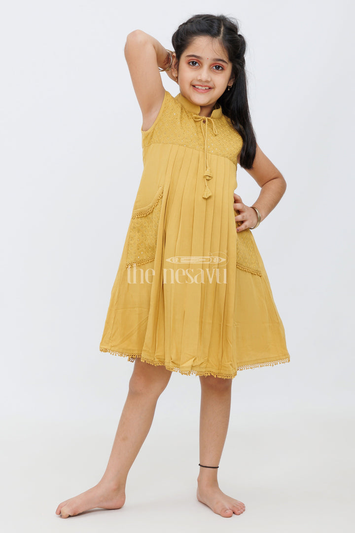 The Nesavu Girls Cotton Frock Mustard Cotton Frock with Center Box Pleats and Embroidered Yoke Line for Girls Nesavu 22 (4Y) / Mustard GFC1397B-22 Mustard Cotton Frock with Embroidered Yoke Line and Pleats for Girls Nesavu