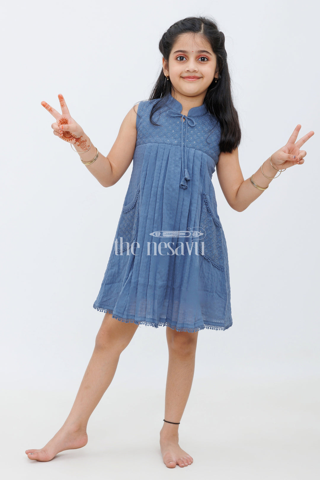 The Nesavu Girls Cotton Frock Mustard Cotton Frock with Center Box Pleats and Embroidered Yoke Line for Girls Nesavu 22 (4Y) / Mustard GFC1397C-22 Blue Cotton Frock with Embroidered Yoke Line and Pleats for Girls Nesavu