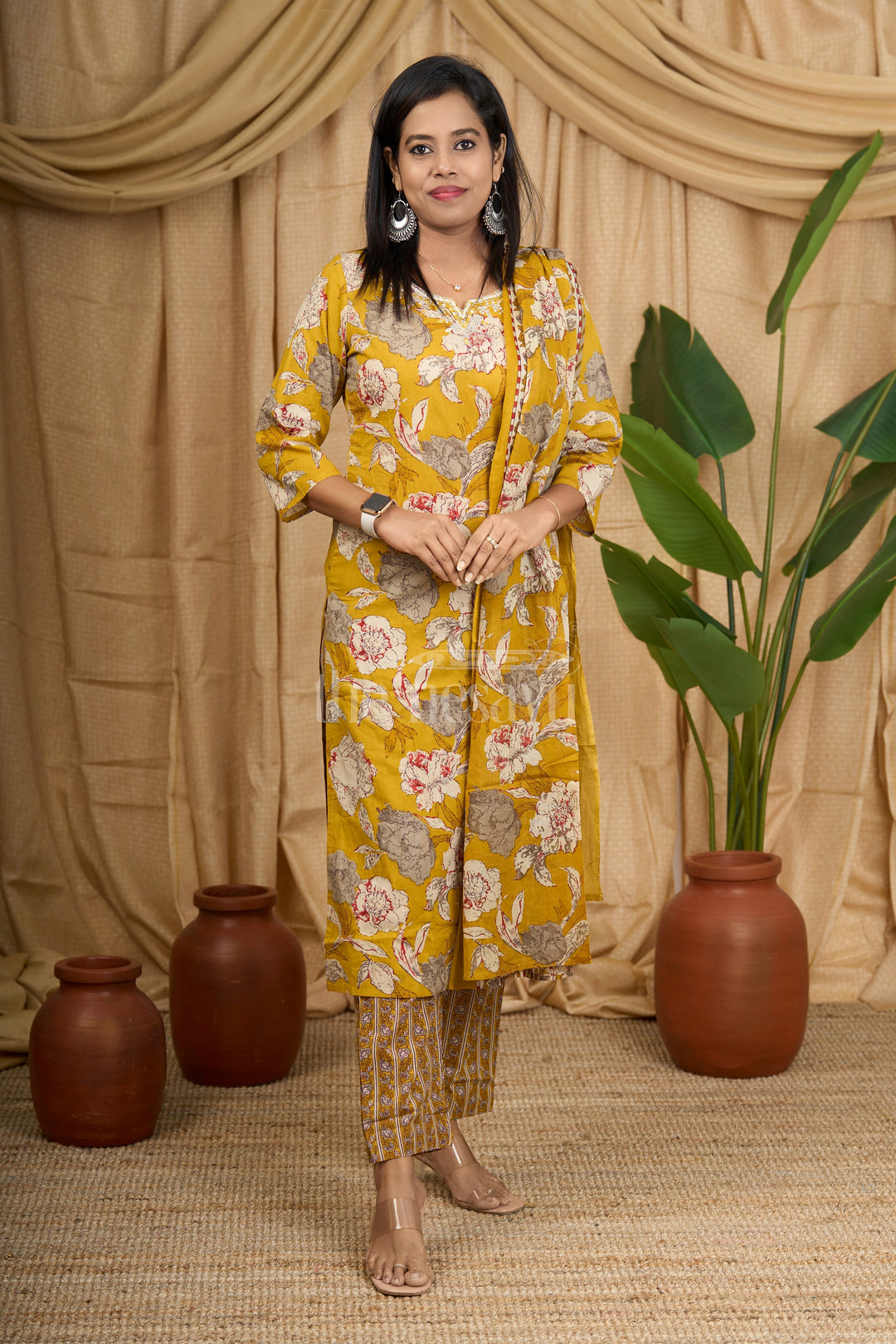 The Nesavu Womens Straight Suit Sets Mustard Floral Print Cotton Women's Straight Suit Set with Dupatta - Size 36 to 46 Nesavu 36 (S) / Mustard WTH045B-36 Nesavu Mustard Yellow Cotton Kurta Set Floral Prints Striped Dupatta