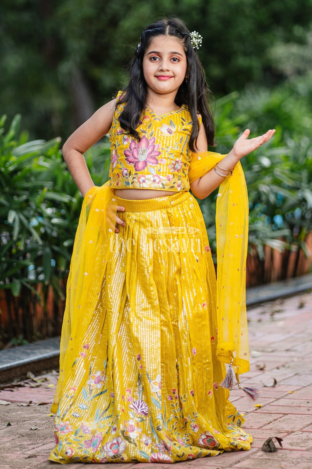 The Nesavu Girls Lehenga Choli Mustard Girls Lehenga Choli with Floral Embroidery and Pleated Skirt for Weddings Nesavu 24 (5Y) / Mustard GL501A-24 Nesavu Mustard Girls Lehenga Choli Embroidered Blouse Pleated Skirt Wedding Celebrations