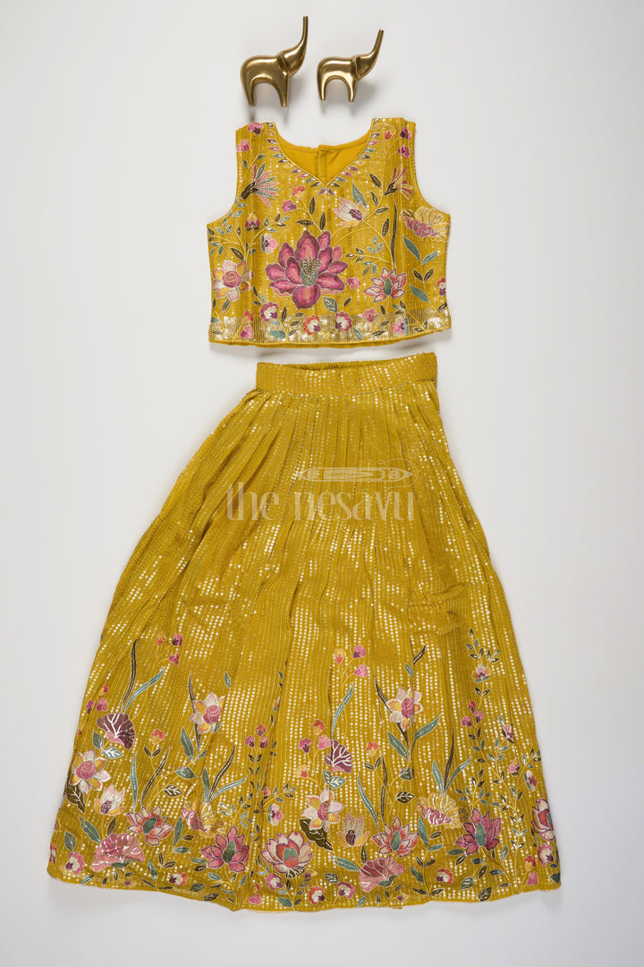 The Nesavu Girls Lehenga Choli Mustard Girls Lehenga Choli with Floral Embroidery and Pleated Skirt for Weddings Nesavu Nesavu Mustard Girls Lehenga Choli Embroidered Blouse Pleated Skirt Wedding Celebrations