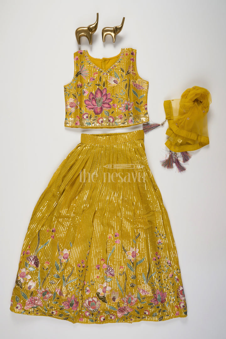 The Nesavu Girls Lehenga Choli Mustard Girls Lehenga Choli with Floral Embroidery and Pleated Skirt for Weddings Nesavu Nesavu Mustard Girls Lehenga Choli Embroidered Blouse Pleated Skirt Wedding Celebrations