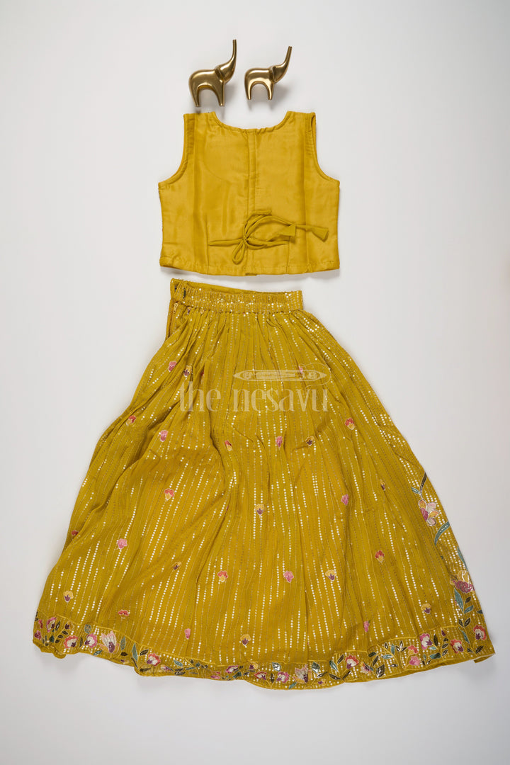 The Nesavu Girls Lehenga Choli Mustard Girls Lehenga Choli with Floral Embroidery and Pleated Skirt for Weddings Nesavu Nesavu Mustard Girls Lehenga Choli Embroidered Blouse Pleated Skirt Wedding Celebrations