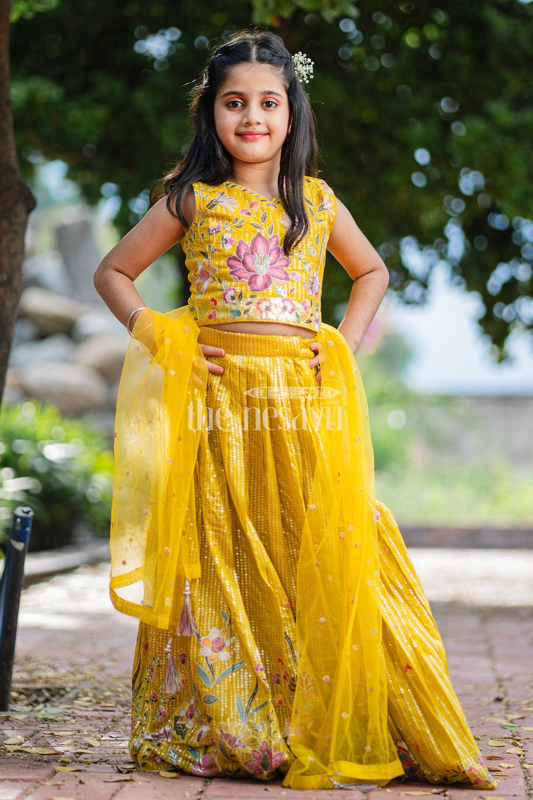 The Nesavu Girls Lehenga Choli Mustard Girls Lehenga Choli with Floral Embroidery and Pleated Skirt for Weddings Nesavu Nesavu Mustard Girls Lehenga Choli Embroidered Blouse Pleated Skirt Wedding Celebrations