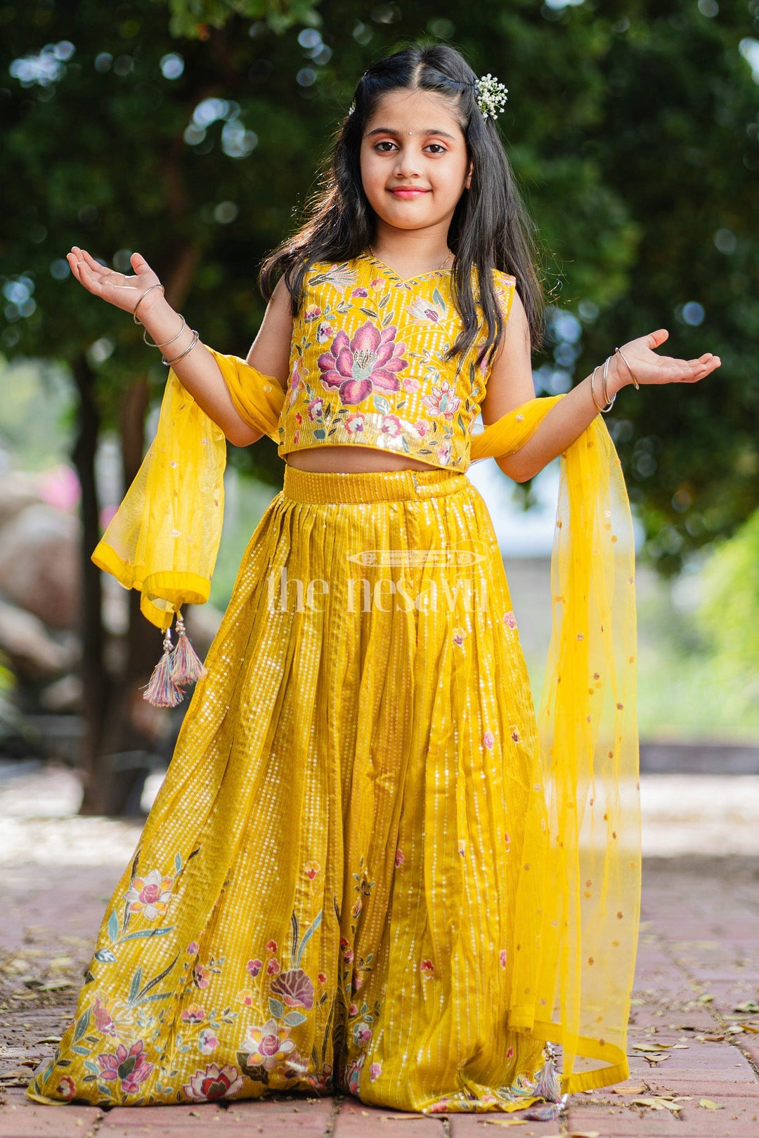 The Nesavu Girls Lehenga Choli Mustard Girls Lehenga Choli with Floral Embroidery and Pleated Skirt for Weddings Nesavu Nesavu Mustard Girls Lehenga Choli Embroidered Blouse Pleated Skirt Wedding Celebrations