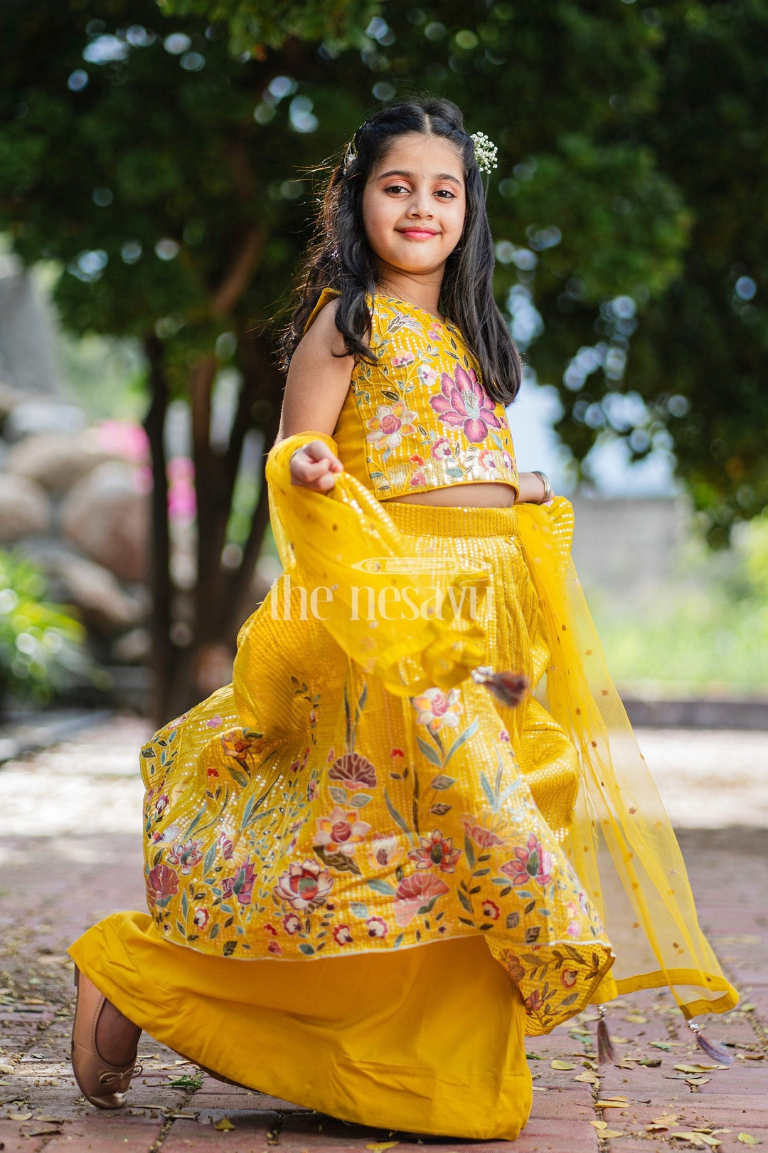 The Nesavu Girls Lehenga Choli Mustard Girls Lehenga Choli with Floral Embroidery and Pleated Skirt for Weddings Nesavu Nesavu Mustard Girls Lehenga Choli Embroidered Blouse Pleated Skirt Wedding Celebrations