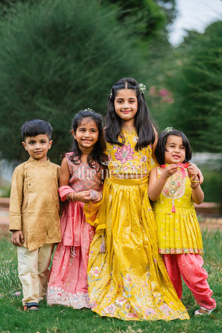 The Nesavu Girls Lehenga Choli Mustard Girls Lehenga Choli with Floral Embroidery and Pleated Skirt for Weddings Nesavu Nesavu Mustard Girls Lehenga Choli Embroidered Blouse Pleated Skirt Wedding Celebrations