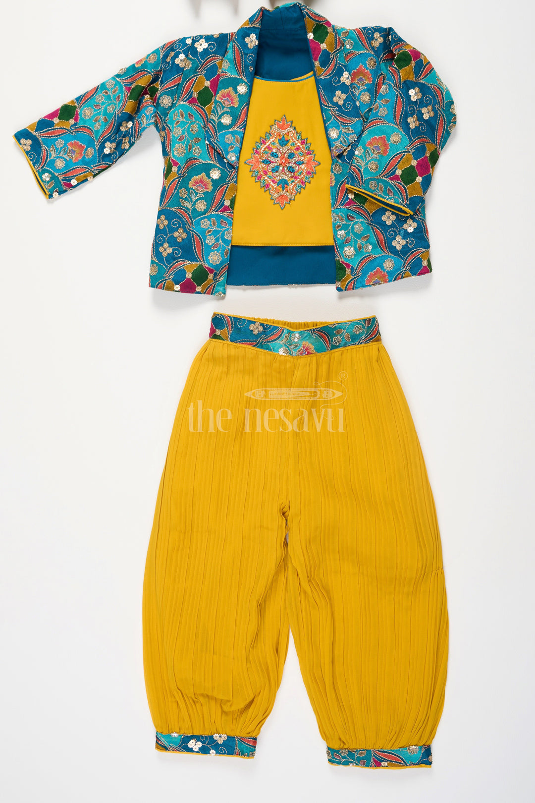 The Nesavu Girls Sharara / Plazo Set Mustard Patiala Sharara Set with Floral Embroidered Cropped Jacket for Girls Nesavu Nesavu Girls Mustard Patiala Sharara Set Cropped Floral Embroidered Jacket Festive Events