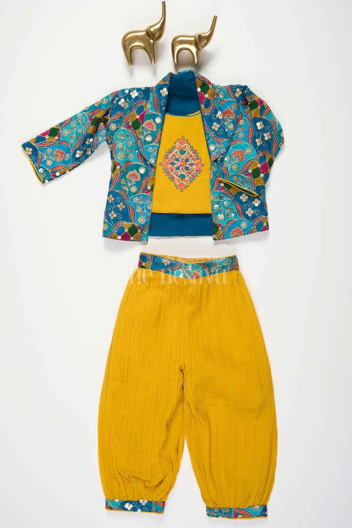 The Nesavu Girls Sharara / Plazo Set Mustard Patiala Sharara Set with Floral Embroidered Cropped Jacket for Girls Nesavu Nesavu Girls Mustard Patiala Sharara Set Cropped Floral Embroidered Jacket Festive Events