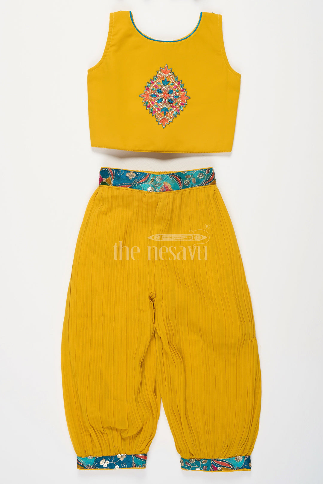 The Nesavu Girls Sharara / Plazo Set Mustard Patiala Sharara Set with Floral Embroidered Cropped Jacket for Girls Nesavu Nesavu Girls Mustard Patiala Sharara Set Cropped Floral Embroidered Jacket Festive Events