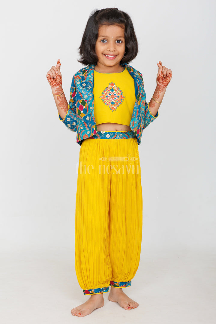 The Nesavu Girls Sharara / Plazo Set Mustard Patiala Sharara Set with Floral Embroidered Cropped Jacket for Girls Nesavu Nesavu Girls Mustard Patiala Sharara Set Cropped Floral Embroidered Jacket Festive Events