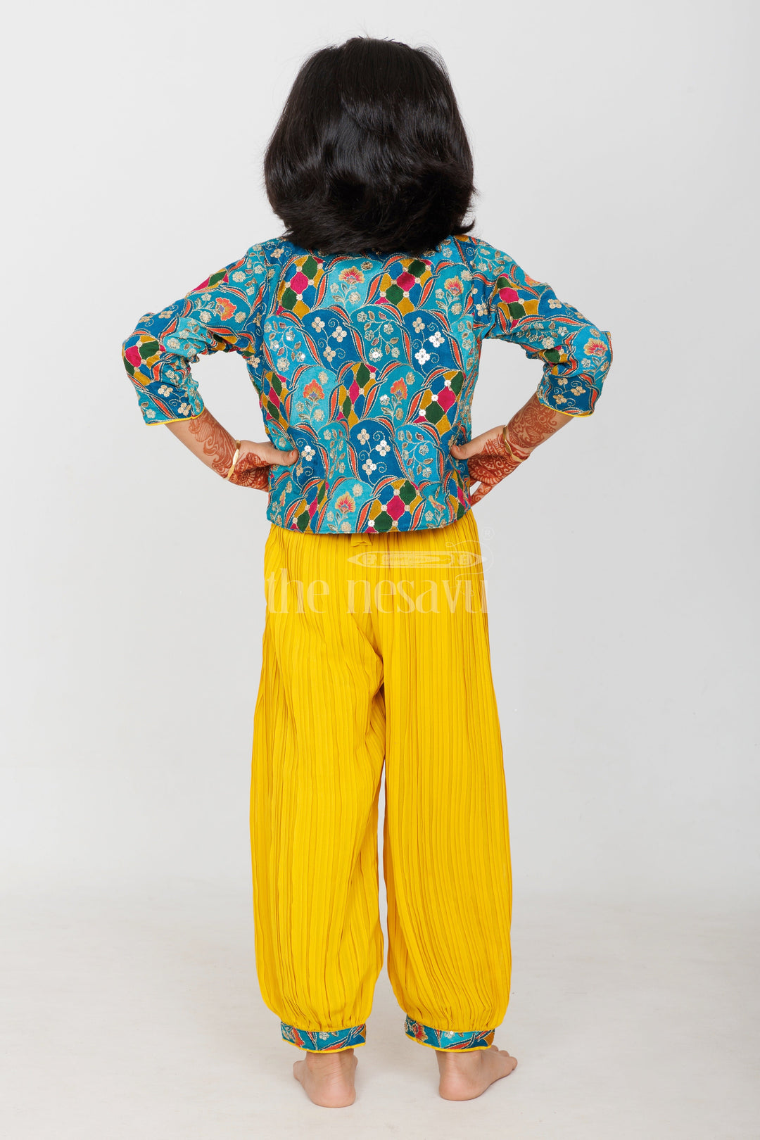 The Nesavu Girls Sharara / Plazo Set Mustard Patiala Sharara Set with Floral Embroidered Cropped Jacket for Girls Nesavu Nesavu Girls Mustard Patiala Sharara Set Cropped Floral Embroidered Jacket Festive Events