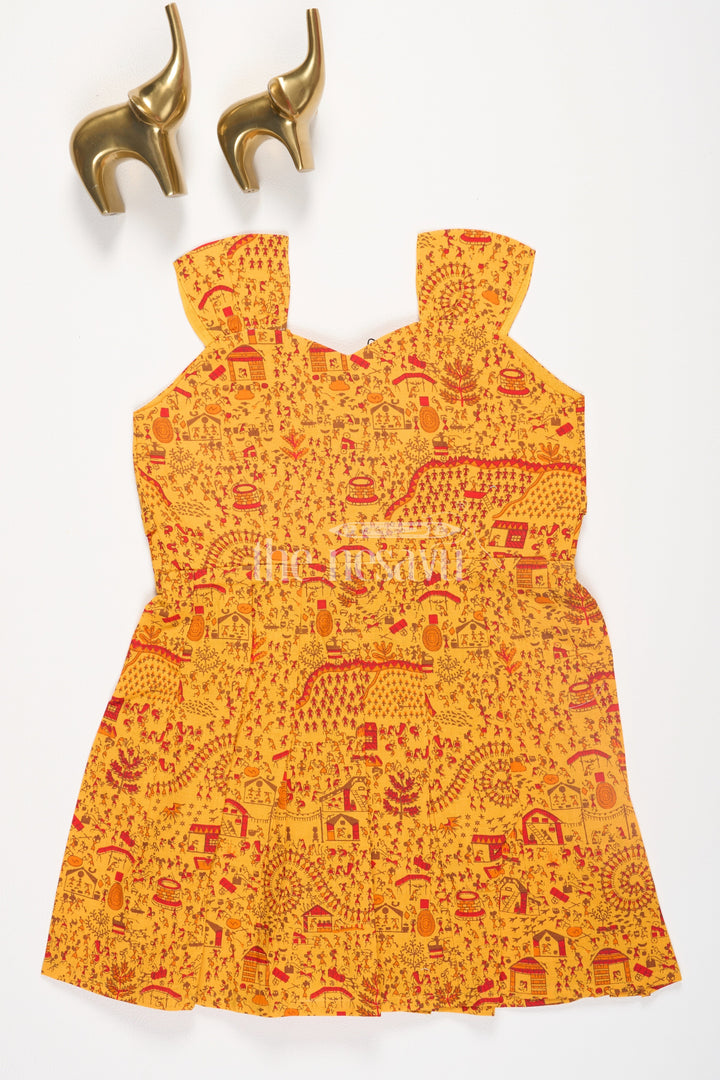 The Nesavu Baby Cotton Frocks Mustard Warli SelfPrinted Cotton Baby Girl Dress with Front Button Closure Nesavu Nesavu 10 (NB) / Mustard BFJ613B-10 Mustard Warli Self-Printed Cotton Baby Girl Dress with Front Button Closure Nesavu