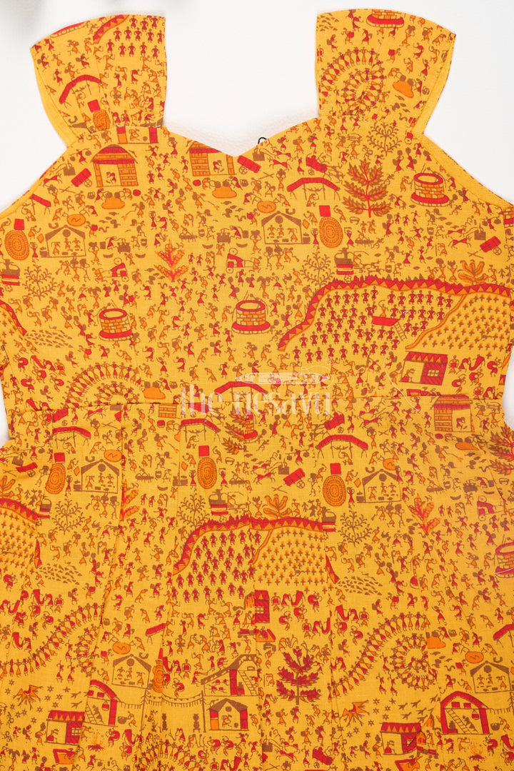 The Nesavu Baby Cotton Frocks Mustard Warli SelfPrinted Cotton Baby Girl Dress with Front Button Closure Nesavu Nesavu Mustard Warli Self-Printed Cotton Baby Girl Dress with Front Button Closure Nesavu