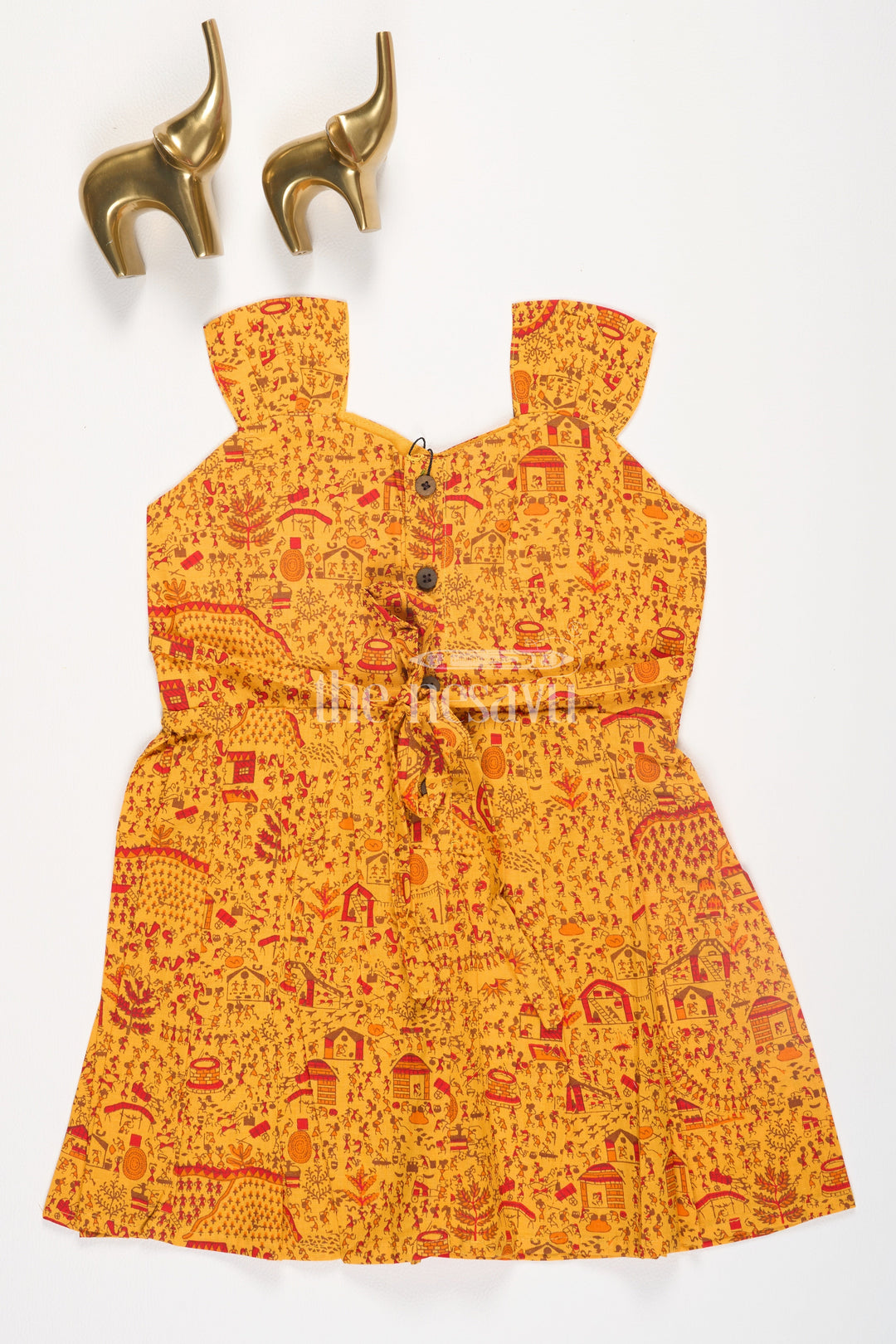 The Nesavu Baby Cotton Frocks Mustard Warli SelfPrinted Cotton Baby Girl Dress with Front Button Closure Nesavu Nesavu Mustard Warli Self-Printed Cotton Baby Girl Dress with Front Button Closure Nesavu