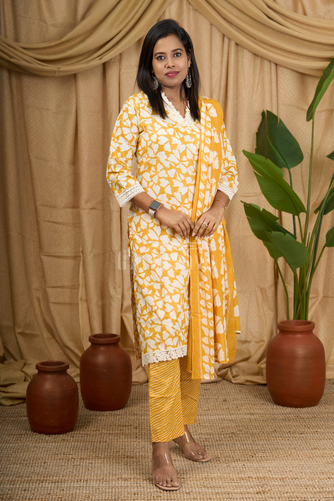 The Nesavu Womens Flared Suit Sets Mustard Yellow 3-Piece Cotton Straight Suit with Embroidered Neckline Nesavu 36 (S) / Mustard WTH047A-36 Nesavu Mustard Yellow 3-Piece Cotton Suit Embroidered V-Neckline