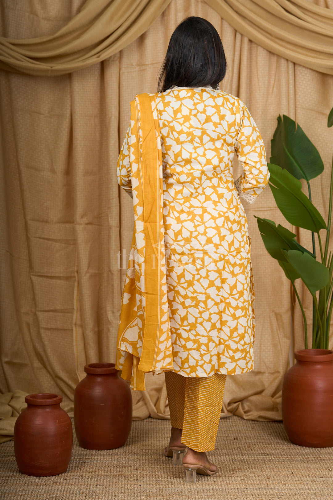 The Nesavu Womens Flared Suit Sets Mustard Yellow 3-Piece Cotton Straight Suit with Embroidered Neckline Nesavu Nesavu Mustard Yellow 3-Piece Cotton Suit Embroidered V-Neckline