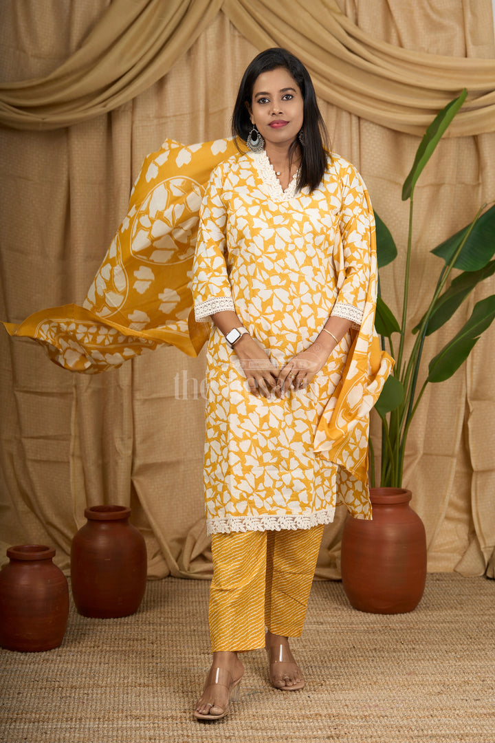 The Nesavu Womens Flared Suit Sets Mustard Yellow 3-Piece Cotton Straight Suit with Embroidered Neckline Nesavu Nesavu Mustard Yellow 3-Piece Cotton Suit Embroidered V-Neckline