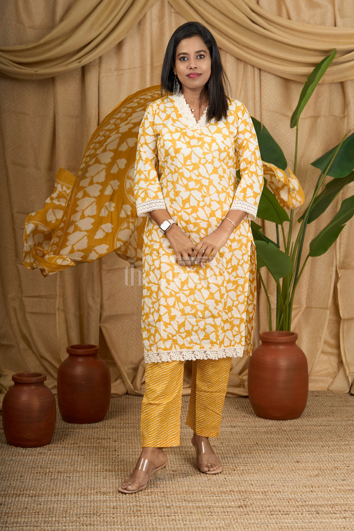 The Nesavu Womens Flared Suit Sets Mustard Yellow 3-Piece Cotton Straight Suit with Embroidered Neckline Nesavu Nesavu Mustard Yellow 3-Piece Cotton Suit Embroidered V-Neckline