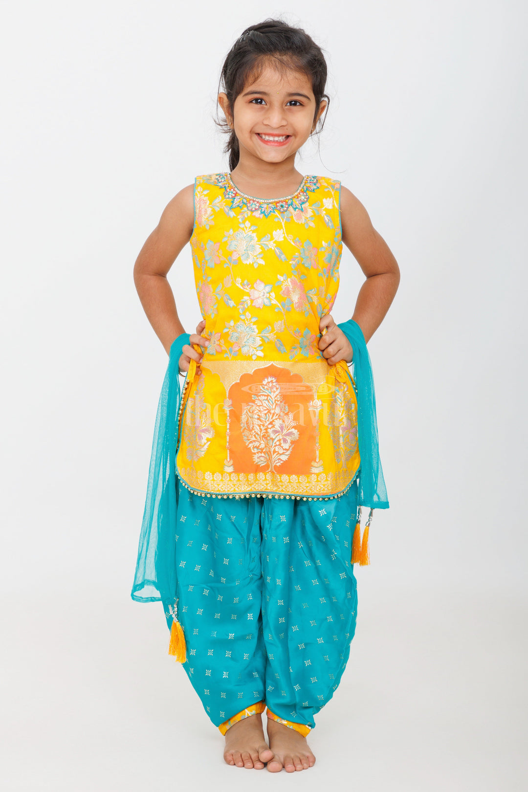 The Nesavu Girls Sharara / Plazo Set Mustard Yellow Banarasi Silk Blend Gharara Set with Green Patiala Pants and Dupatta for Girls Nesavu 16 (1Y) / Yellow GPS450A-16 Nesavu Mustard Yellow Banarasi Silk Gharara Set Green Patiala Pants Dupatta Girls Festive Wear