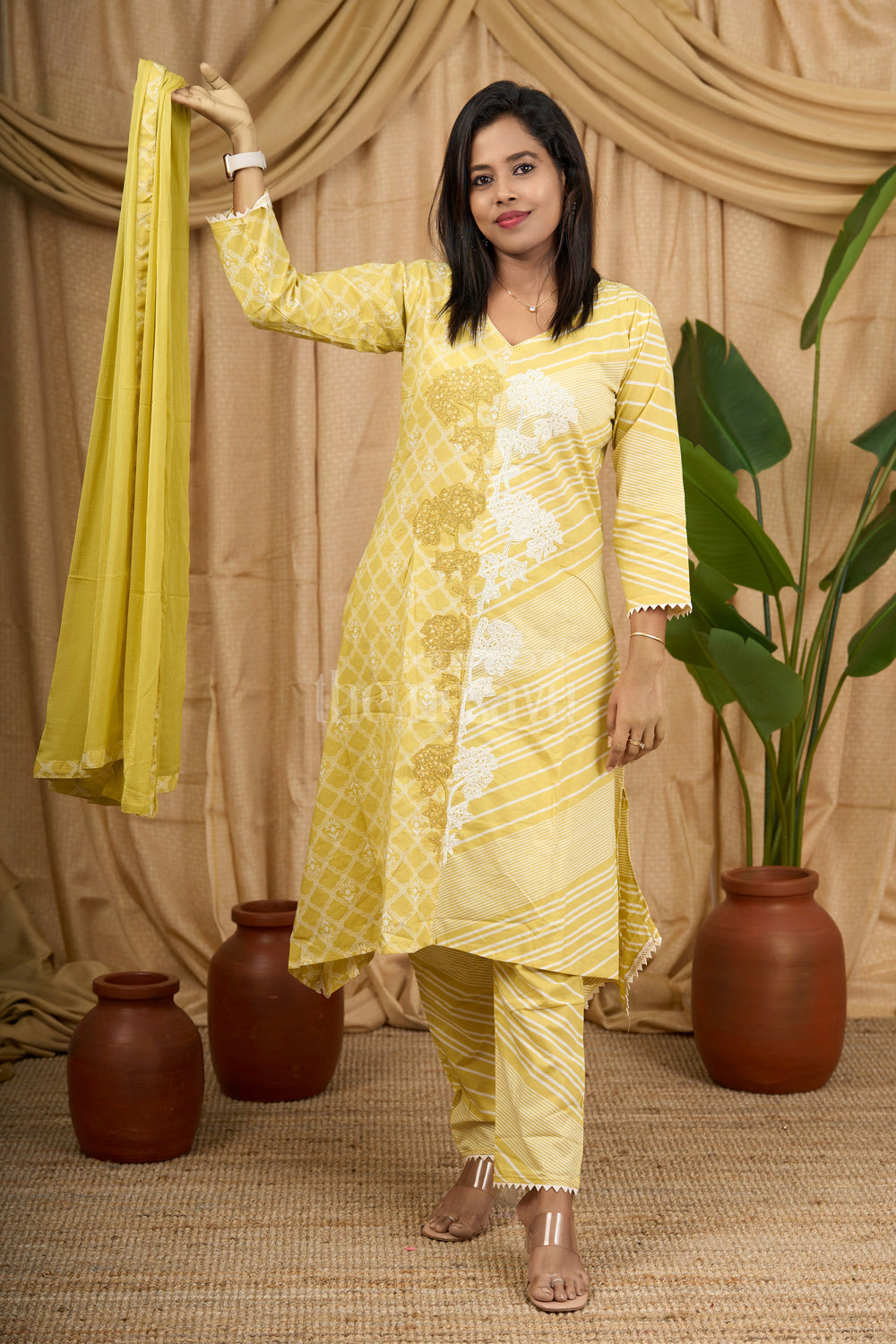 The Nesavu Womens Straight Suit Sets Mustard Yellow Cotton Kurti Set with Gold Floral Embroidery and Striped Dupatta for Women Nesavu Nesavu Mustard Yellow Cotton Kurti Set Gold Embroidery Coordinated Dupatta Women