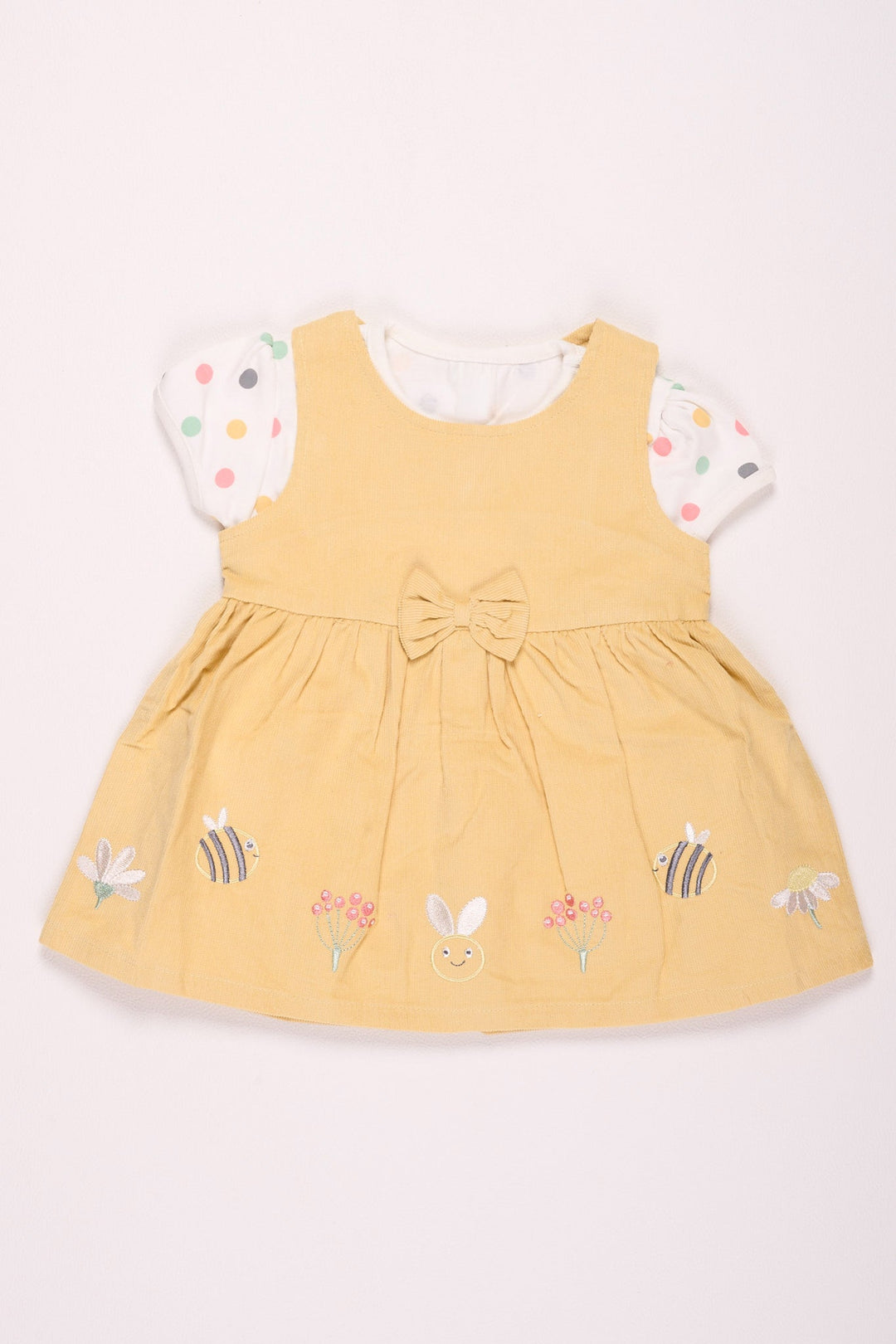 The Nesavu Baby Cotton Frocks Mustard Yellow Embroidered Baby Girl Frock with Polka Dot Inner T-Shirt Nesavu 10 (NB) / Mustard BFJ574A-10 Mustard Yellow Embroidered Baby Girl Frock with Polka Dot Inner T-Shirt - Cute & Comfortable