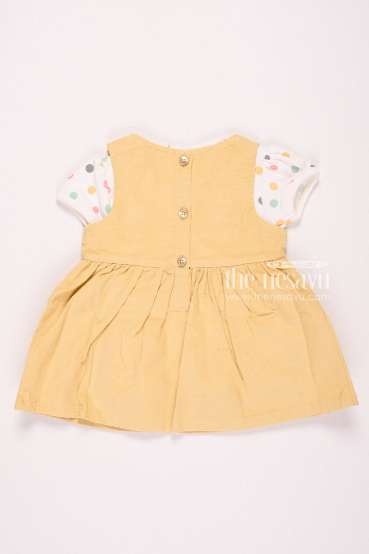 The Nesavu Baby Cotton Frocks Mustard Yellow Embroidered Baby Girl Frock with Polka Dot Inner T-Shirt Nesavu Mustard Yellow Embroidered Baby Girl Frock with Polka Dot Inner T-Shirt - Cute & Comfortable