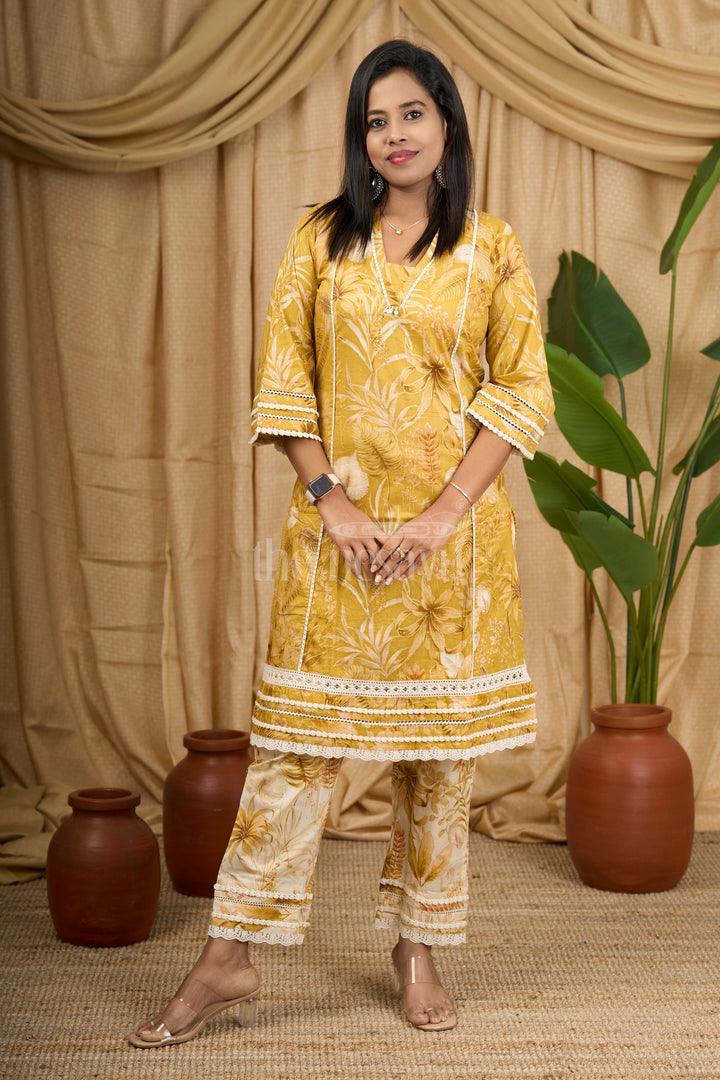 The Nesavu Womens Straight Suit Sets Mustard Yellow Floral Cotton Kurti Set with Lace Detailing for Women Nesavu 36 (S) / Mustard WTW015A-36 Nesavu Mustard Floral Cotton Kurti Set Lace Detailing Women