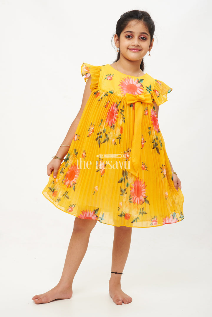 The Nesavu Girls Fancy Frock Mustard Yellow Georgette Floral Pleated Frock for Girls Nesavu 18 (2Y) / Orange GFC1347A-18