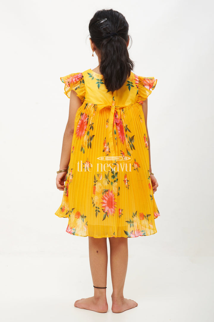 The Nesavu Girls Fancy Frock Mustard Yellow Georgette Floral Pleated Frock for Girls Nesavu