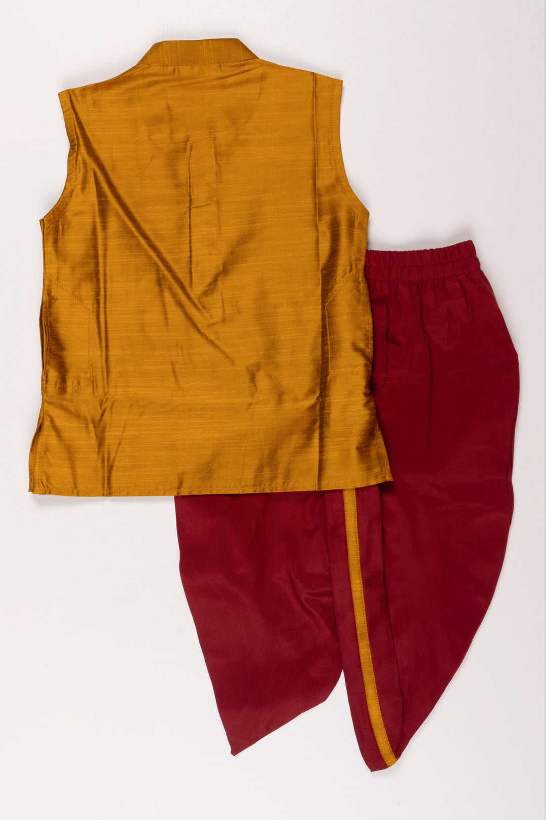 The Nesavu Boys Dothi Set Mustard Yellow Kurta and Maroon Dhoti Set for Boys - Traditional Festive Ensemble Nesavu Boys' Mustard Yellow & Maroon Ethnic Kurta Dhoti Set | Festive Traditional Wear | The Nesavu