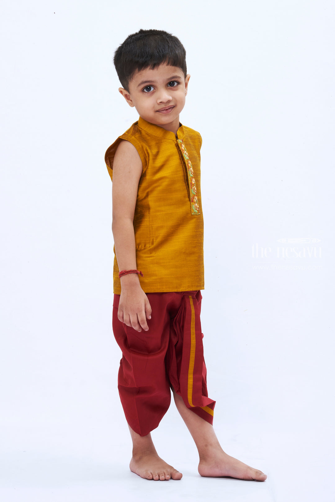 The Nesavu Boys Dothi Set Mustard Yellow Kurta and Maroon Dhoti Set for Boys - Traditional Festive Ensemble Nesavu Boys' Mustard Yellow & Maroon Ethnic Kurta Dhoti Set | Festive Traditional Wear | The Nesavu