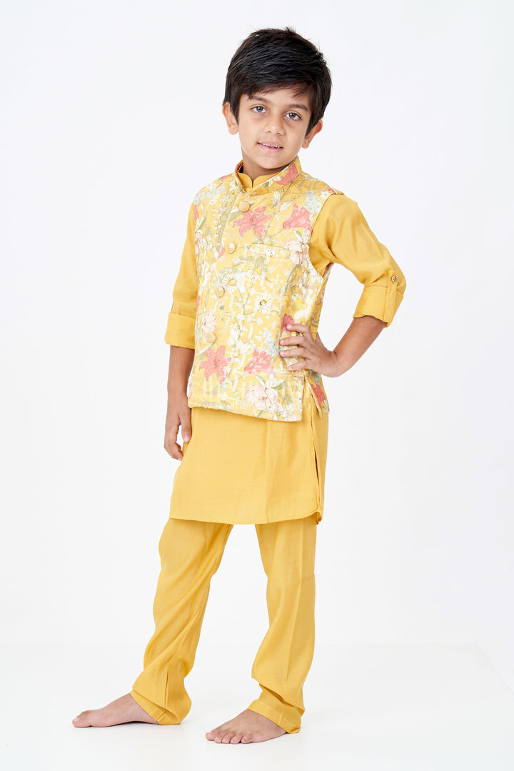 The Nesavu Boys Kurtha Set Mustard Yellow Kurta with Floral Printed Nehru Jacket and Matching Pants for Boys Nesavu 14 (6M) / Yellow BES638A-14 Mustard Yellow Kurta Set Floral Printed Nehru Jacket Matching Pants Boys | The Nesavu