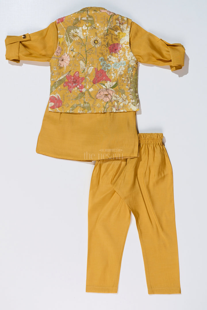 The Nesavu Boys Kurtha Set Mustard Yellow Kurta with Floral Printed Nehru Jacket and Matching Pants for Boys Nesavu Mustard Yellow Kurta Set Floral Printed Nehru Jacket Matching Pants Boys | The Nesavu
