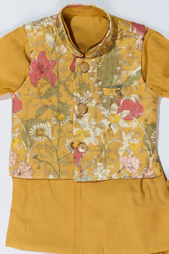 The Nesavu Boys Kurtha Set Mustard Yellow Kurta with Floral Printed Nehru Jacket and Matching Pants for Boys Nesavu Mustard Yellow Kurta Set Floral Printed Nehru Jacket Matching Pants Boys | The Nesavu