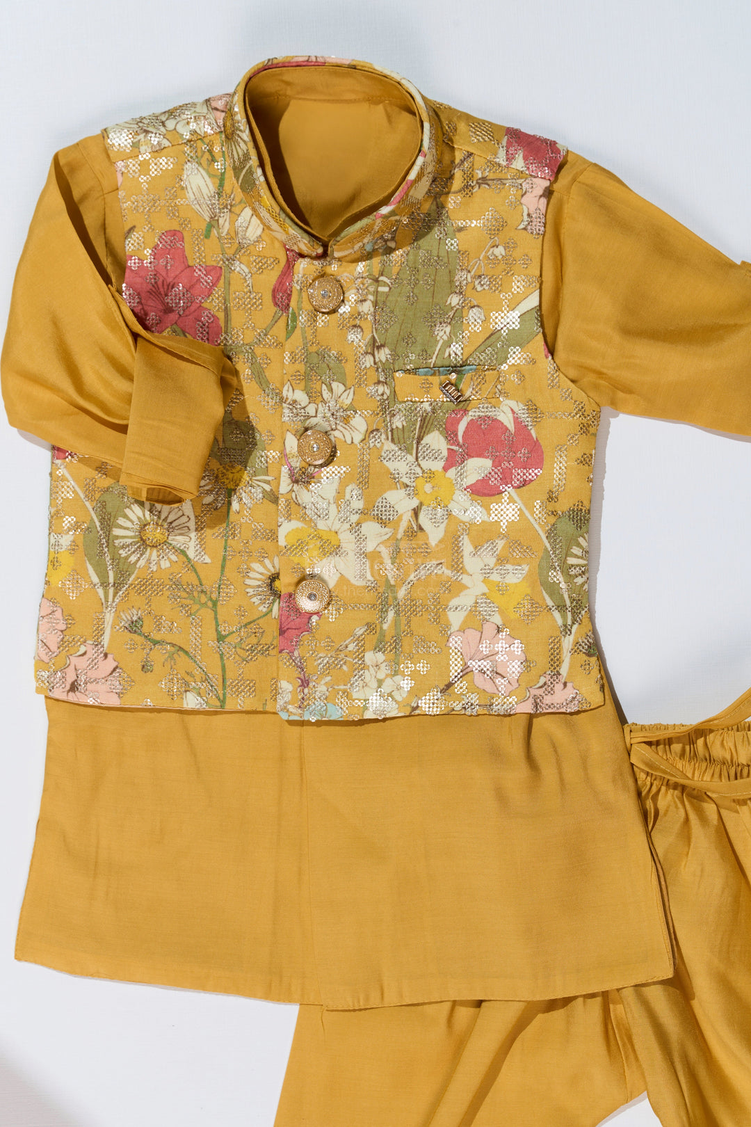 The Nesavu Boys Kurtha Set Mustard Yellow Kurta with Floral Printed Nehru Jacket and Matching Pants for Boys Nesavu Mustard Yellow Kurta Set Floral Printed Nehru Jacket Matching Pants Boys | The Nesavu