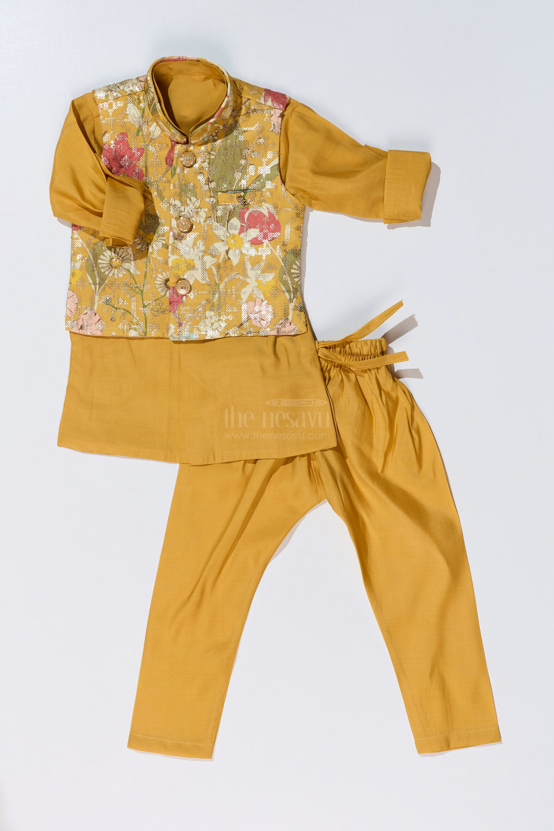 The Nesavu Boys Kurtha Set Mustard Yellow Kurta with Floral Printed Nehru Jacket and Matching Pants for Boys Nesavu Mustard Yellow Kurta Set Floral Printed Nehru Jacket Matching Pants Boys | The Nesavu
