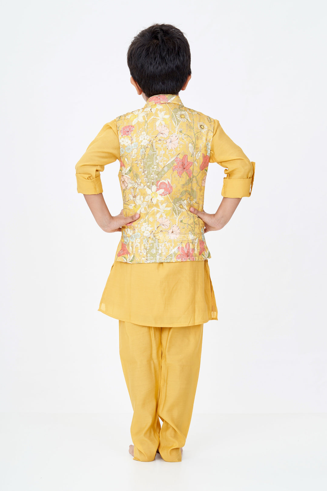 The Nesavu Boys Kurtha Set Mustard Yellow Kurta with Floral Printed Nehru Jacket and Matching Pants for Boys Nesavu Mustard Yellow Kurta Set Floral Printed Nehru Jacket Matching Pants Boys | The Nesavu