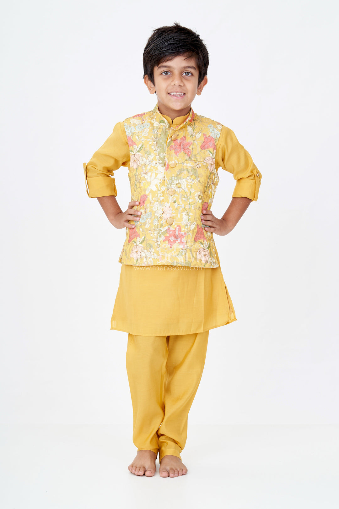 The Nesavu Boys Kurtha Set Mustard Yellow Kurta with Floral Printed Nehru Jacket and Matching Pants for Boys Nesavu Mustard Yellow Kurta Set Floral Printed Nehru Jacket Matching Pants Boys | The Nesavu
