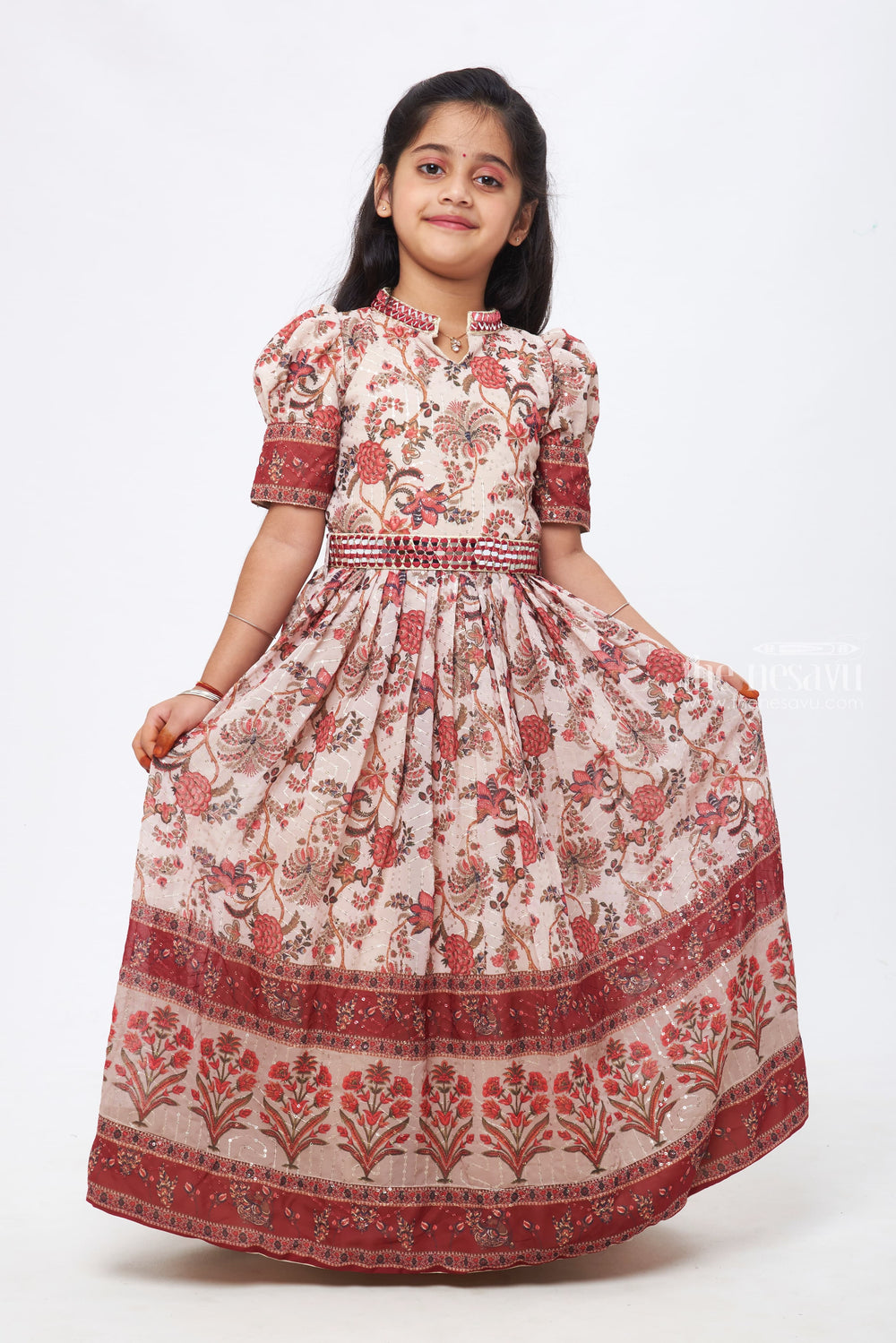 The Nesavu Girls Party Gown Mystic Blossom: Sequin Embroidered Floral Printed Maroon Childrens Gown Nesavu A Dance of Fabric and Design | Luxurious Anarkali Gowns | The Nesavu