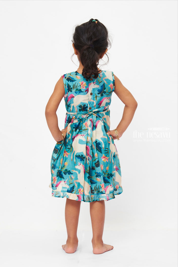 The Nesavu Girls Cotton Frock Mystical Mare Cotton Dress: Enchanted Equine Print Frock with Floral Lace Trim Nesavu Girls Enchanted Horse Print Dress | Teal Floral Lace Cotton Frock | Whimsical Ruffle Hem | The Nesavu