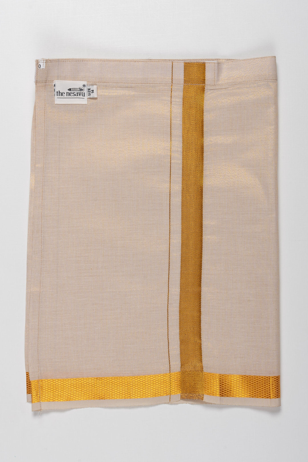 The Nesavu Boys Vesti Natural Beige Handwoven Silk Boys Dhoti with Golden Accents Nesavu 14 (6M) / Beige / Gold Tissue D010A-14 Elegant Handwoven Silk Dhoti for Boys | Beige and Gold Traditional Attire | The Nesavu