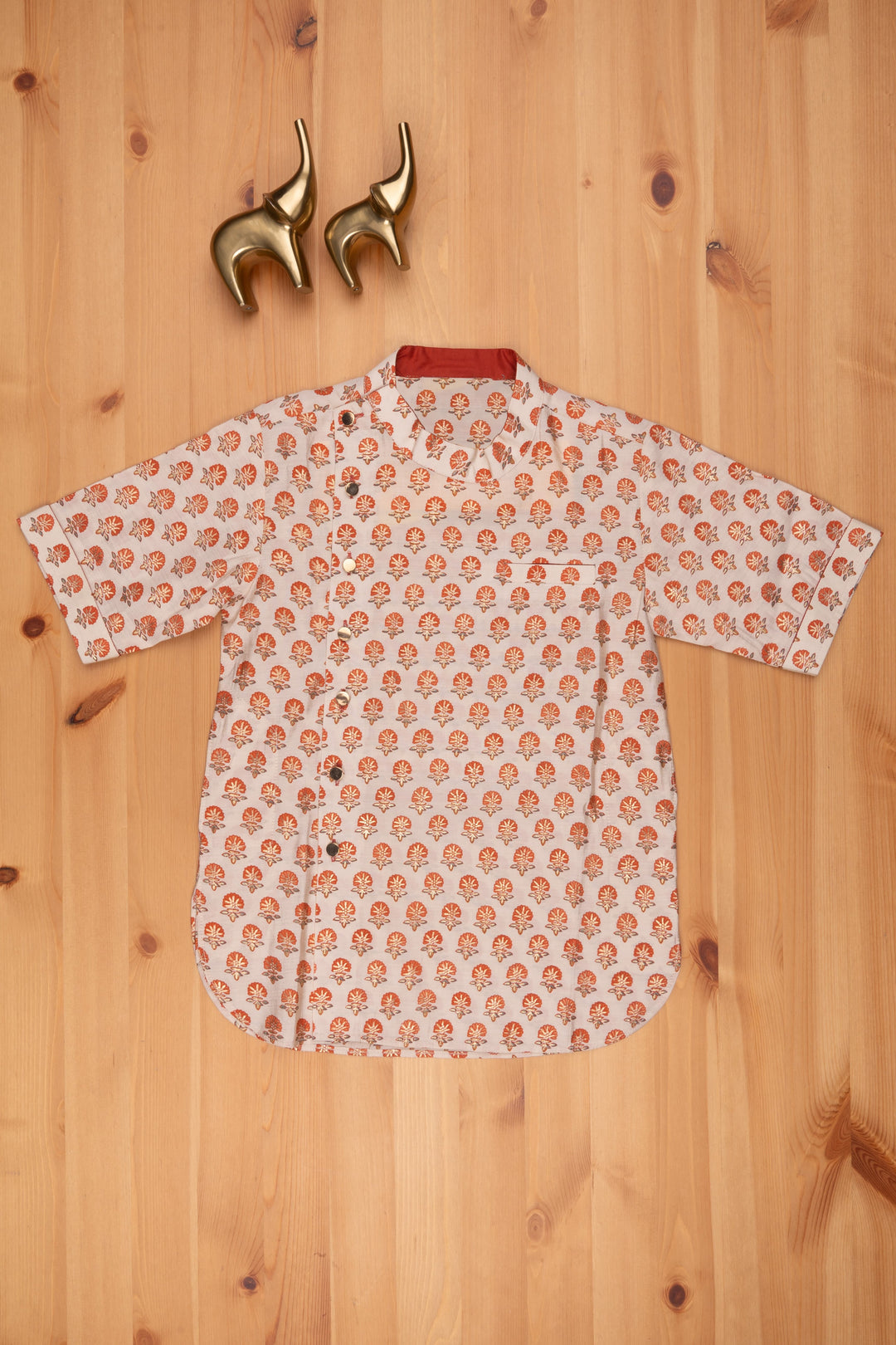 The Nesavu Boys Linen Shirt Natural Blossom: Boys Beige Cotton Shirt with Floral Prints, Mandarin Collar Nesavu Boys Cotton Shirt | Latest Design Side Button Closure | The Nesavu