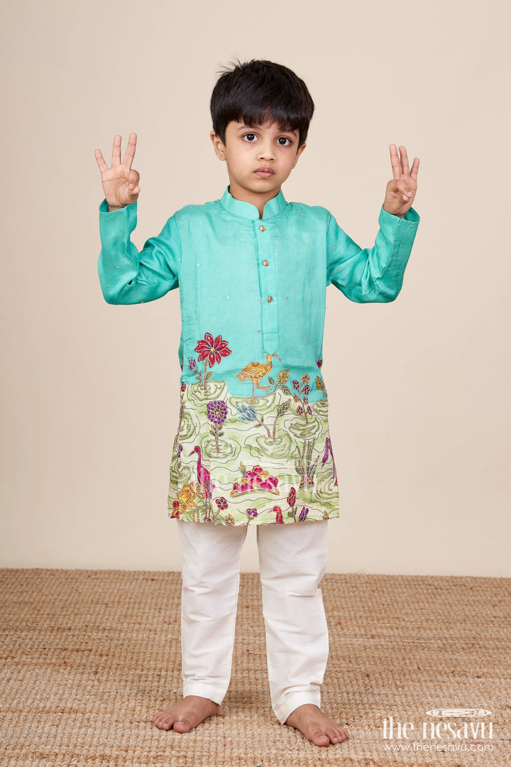 The Nesavu Boys Kurtha Set Nature-Themed Embroidered Kurta Pajama Set for Boys Ideal for Poojas and Festive Dressing Nesavu 16 (1Y) / Green BES851B-16 Nesavu boys scenic embroidery kurta pajama set digital print festive occasions