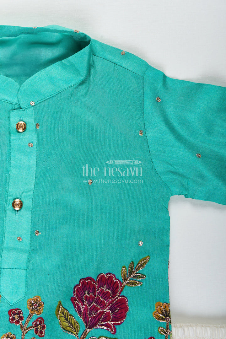 The Nesavu Boys Kurtha Set Nature-themed embroidered kurta pajama set for boys – ideal for poojas and festive dressing Nesavu Nesavu boys scenic embroidery kurta pajama set digital print festive occasions