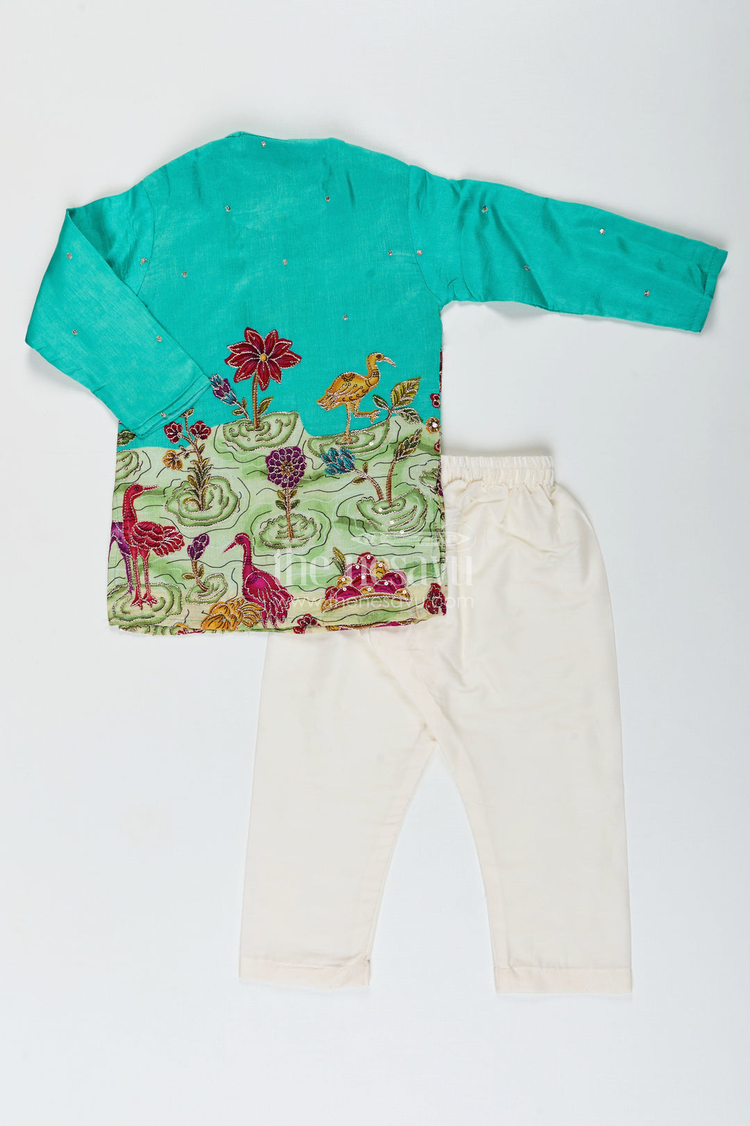 The Nesavu Boys Kurtha Set Nature-themed embroidered kurta pajama set for boys – ideal for poojas and festive dressing Nesavu Nesavu boys scenic embroidery kurta pajama set digital print festive occasions