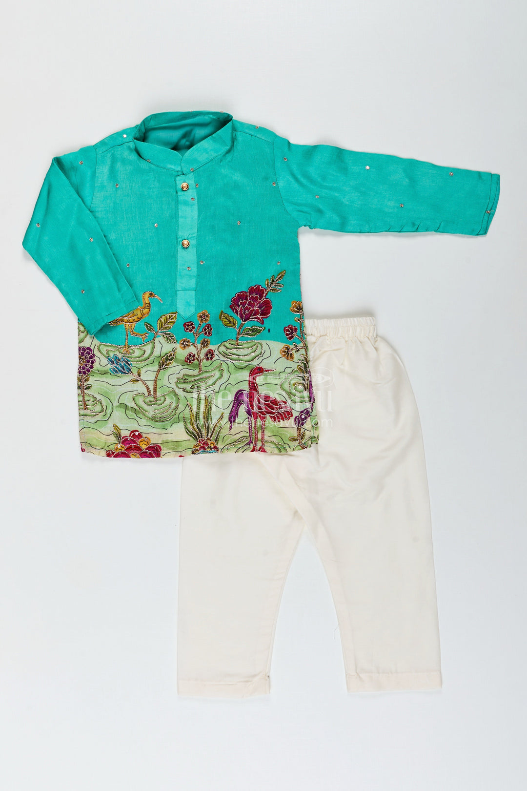 The Nesavu Boys Kurtha Set Nature-themed embroidered kurta pajama set for boys – ideal for poojas and festive dressing Nesavu Nesavu boys scenic embroidery kurta pajama set digital print festive occasions