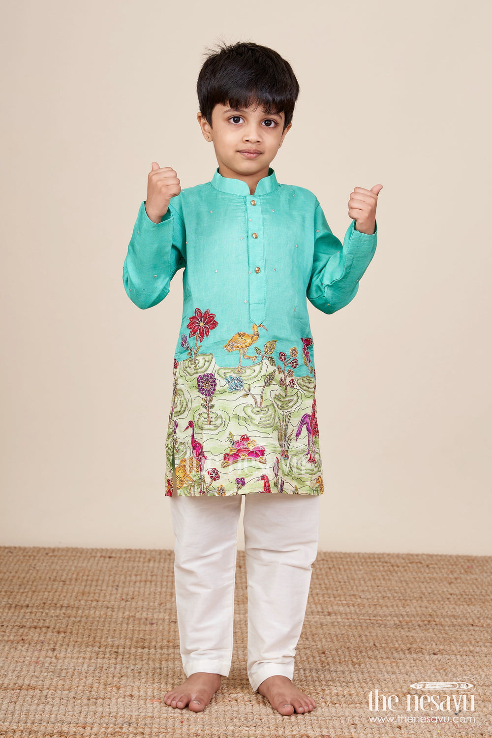 The Nesavu Boys Kurtha Set Nature-Themed Embroidered Kurta Pajama Set for Boys Ideal for Poojas and Festive Dressing Nesavu Nesavu boys scenic embroidery kurta pajama set digital print festive occasions