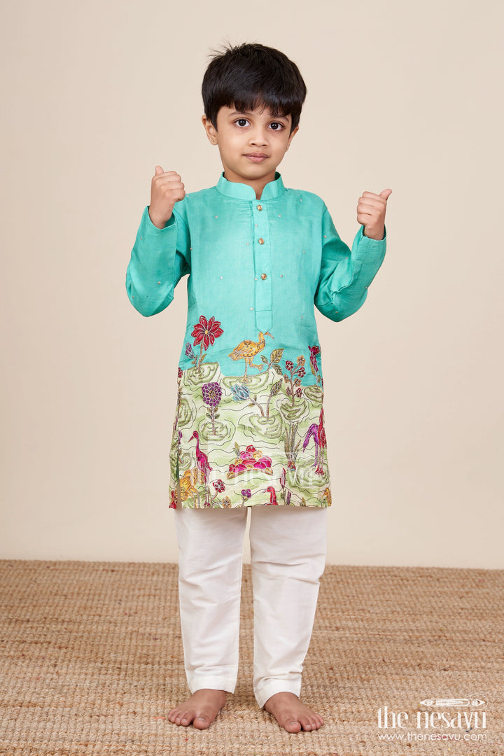 The Nesavu Boys Kurtha Set Nature-Themed Embroidered Kurta Pajama Set for Boys Ideal for Poojas and Festive Dressing Nesavu Nesavu boys scenic embroidery kurta pajama set digital print festive occasions